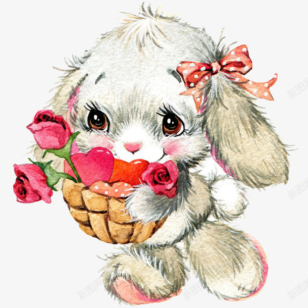 抱玫瑰花和爱心的水彩兔子png免抠素材_88icon https://88icon.com 抱玫瑰花和爱心的水彩兔子图片