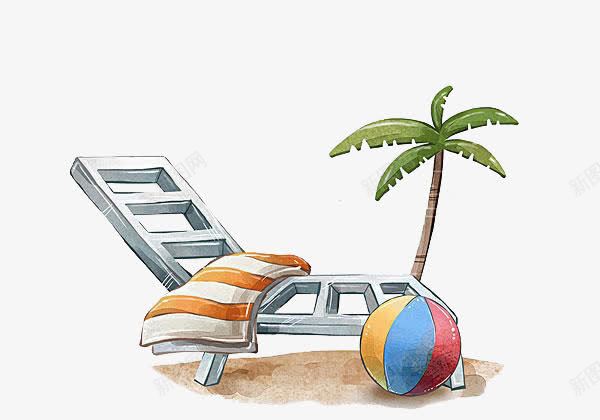 手绘沙滩夏日png免抠素材_88icon https://88icon.com 卡通 手绘 绿树 装饰 躺椅