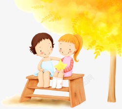 木质凳子上的卡通儿童素材
