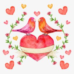 水墨水彩粉红色爱心爱情鸟素材