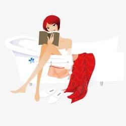坐在浴缸里看书的美女矢量图素材
