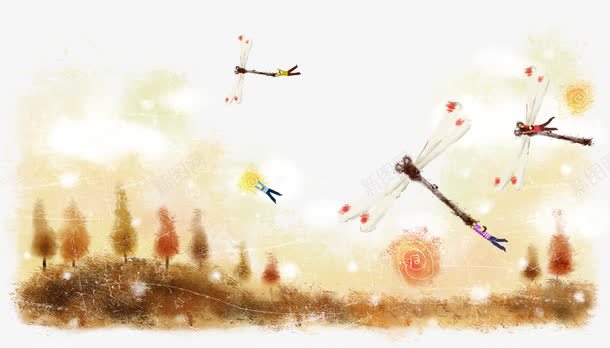 卡通手绘创意风景png免抠素材_88icon https://88icon.com 人物 创意 卡通 手绘 蜻蜓 跳跃 风景