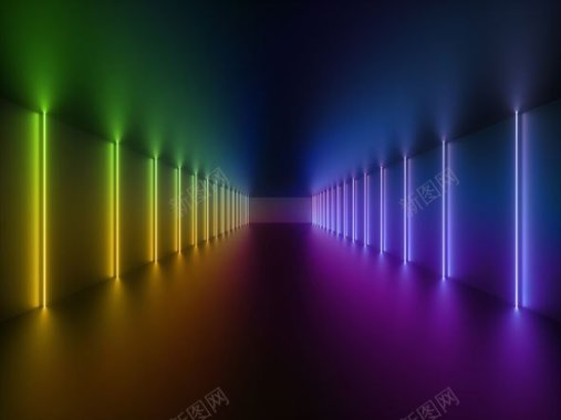 3D立体霓虹灯虚拟空间场景抽象迷幻KTV展板的闪烁背景