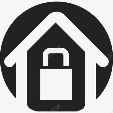 黑色房子黑色圆形背景上带锁轮廓的房子建筑物温馨的家图标图标