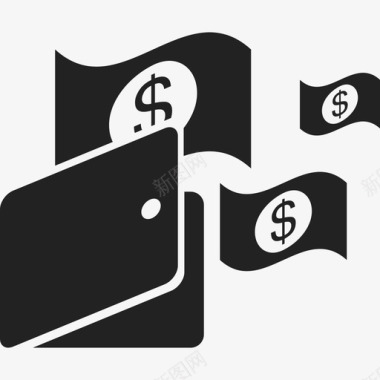 钱包和三美元的钞票商业金钱图标图标