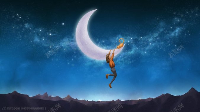 抱着月亮的女孩幻想系插画插画风光星空月亮夜空蓝色风背景