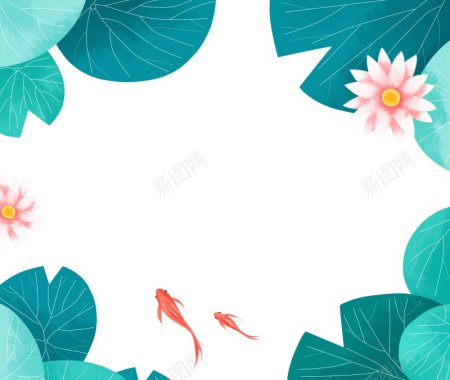 夏季池塘中莲叶莲花和锦鲤插画荷花荷叶莲花莲叶绿色天背景