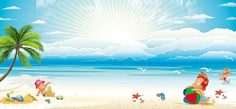 蓝色夏天沙滩儿童小朋友海滩淘宝天猫店招横幅条幅ba背景