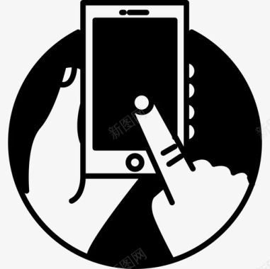 触摸屏手机在人的手里面有一个圆圈工具和器具有好几个图标图标