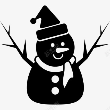 圣诞雪人雪人的圣诞在黑色帽子围巾和两个树枝作为手臂圣诞节圣诞图标图标