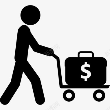 男人推着装有美元商业人力资源手提箱的推车图标图标