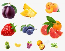 菠萝黄桃草莓蓝莓橙子葡萄树叶水果蔬菜食物透明树素材