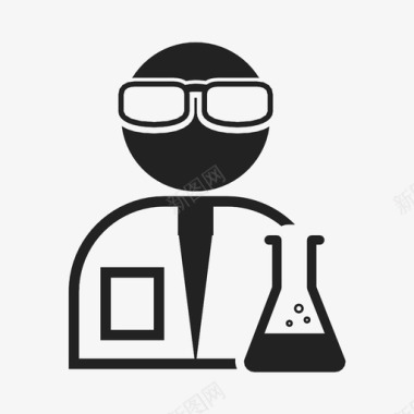 戴着实验室护目镜和装有化学物质的烧瓶的科学家图标图标