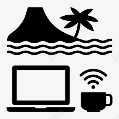 远程工作海滩笔记本电脑图标图标
