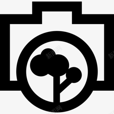 带树木物镜工具和器具的照相机轮廓图标图标