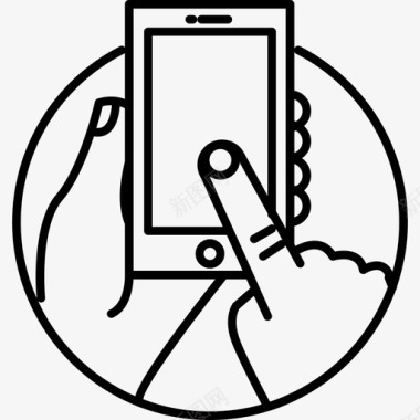触摸屏手机在人的手里面有一个圆圈工具和器具几下划图标图标