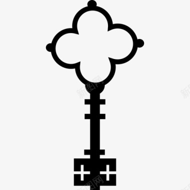 花形钥匙与复古优雅的十字架工具和器具钥匙图标图标