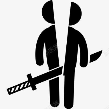 用一把剑穿过中间的肮脏的图标把一个人的形状切成两部分图标