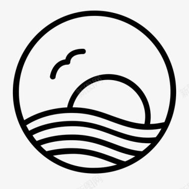 海鸟岛屿波浪太阳图标图标