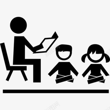 老师坐在椅子上为学生朗读孩子们坐在他面前的地板上教育图标图标