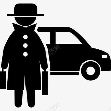 分子犯罪分子正面站着两个手提箱上面盖着帽子和外套后面还有一辆车图标图标