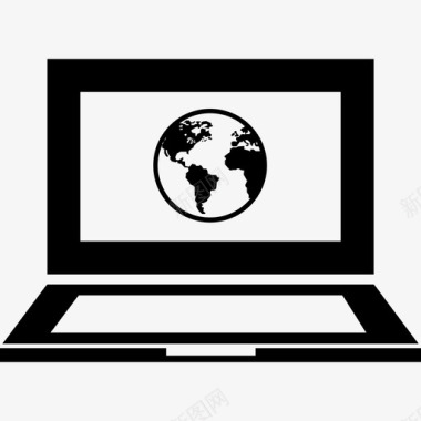 打开的笔记本电脑电脑地球图标的监视器屏幕上有地球符号图标