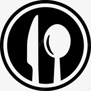 餐厅餐具带刀和勺子的圆形接口符号厨房图标图标