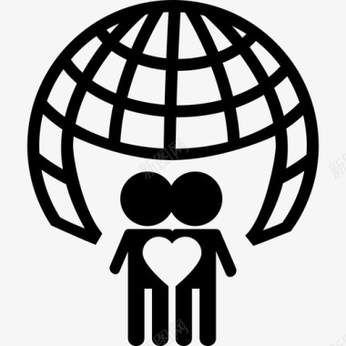 世界网格和人与一个心脏符号地球图标配对图标