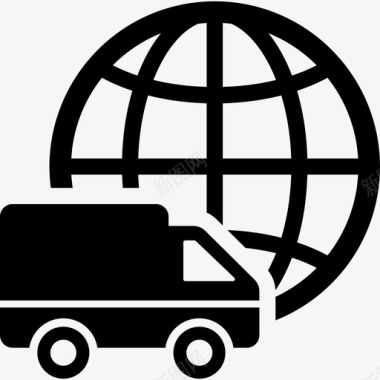 国际物流配送卡车标志与世界网格后面运输物流配送图标图标