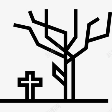 万圣节树和坟墓十字架图标图标
