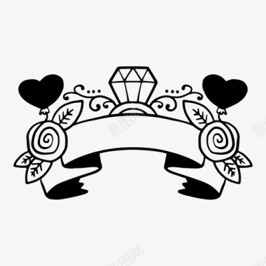 婚礼设计丝带横幅钻戒图标图标