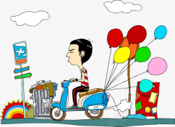 骑着电动车骑着绑着彩色气球的电动车矢量图高清图片