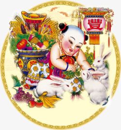 中秋节古典童子白兔丰收图素材