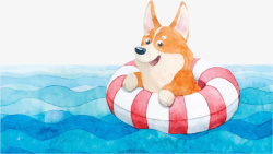 夏季沙滩背景水彩手绘卡通游泳的狗矢量图高清图片