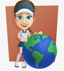 卡通手绘戴帽子运动女孩地球仪素材