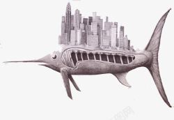 鲨鱼上的城市素描插画素材