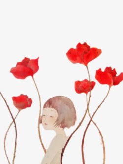 拥抱着红色花朵的女孩素材