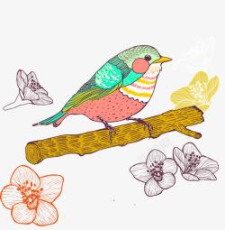 手绘卡通彩色桃花树枝上鸟素材