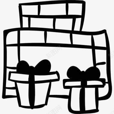 圣诞礼物礼品盒在壁炉图标图标