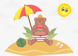 夏天坐在沙滩度假晒太阳的熊矢量图素材