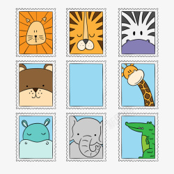 卡通动物邮票矢量图素材
