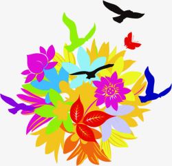 手绘彩色花卉和鸟素材