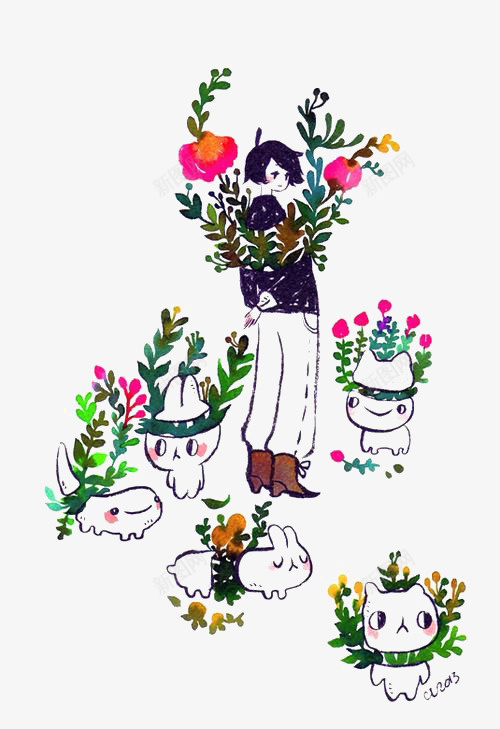 植物和女孩png免抠素材_88icon https://88icon.com 卡通 女孩 手绘 插画 植物 线条 绿色