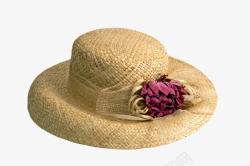卡其色防晒绑着大紫色花的草帽女素材