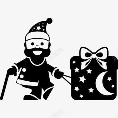 圣诞老人的性格圣诞老人用手杖在一个巨大的礼品盒图标图标