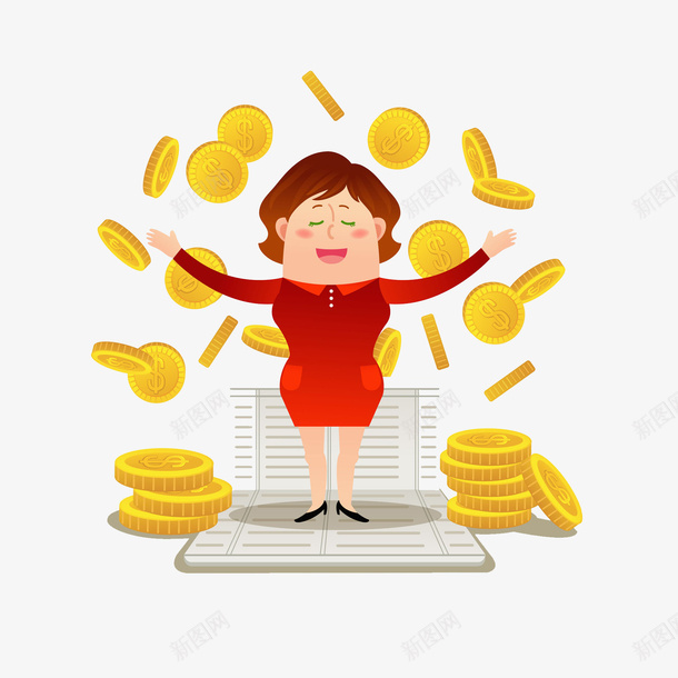 开心的女人png免抠素材_88icon https://88icon.com 卡通 女人 开心的 洒落的 红色的 金币 高兴地
