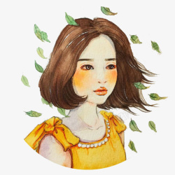 手绘小清新女孩与树叶素材