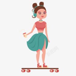 滑板听音乐的女孩素材