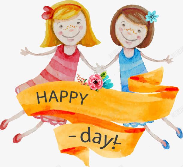 手绘插画两个小女孩手拉手png免抠素材_88icon https://88icon.com 卡通 女孩 手绘 插画 水彩