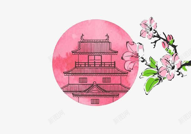 中国风插画png免抠素材_88icon https://88icon.com 古建筑 唯美 水墨花朵 红色